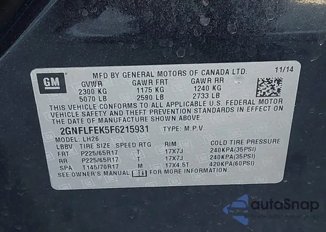 2015 Chevrolet Equinox 1Lt z USA, uszkodzony, nr VIN 2GNFLFEK5F6215931